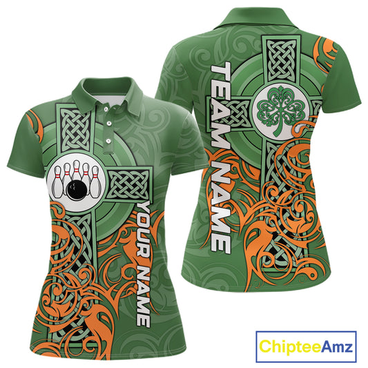 Green and orange Irish Tribal Cross St Patrick's Day Women bowling shirts Custom Lucky Bowling Jersey NQS11255