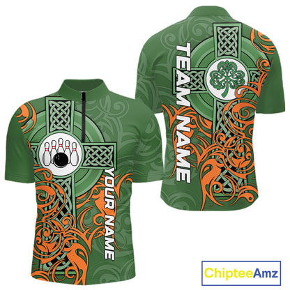Green and orange Irish Tribal Cross St Patrick's Day Mens bowling shirts Custom Lucky Bowling Jerseys NQS11255