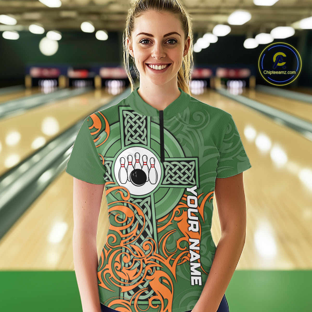Green and orange Irish Tribal Cross St Patrick's Day Women bowling shirts Custom Lucky Bowling Jersey NQS11255