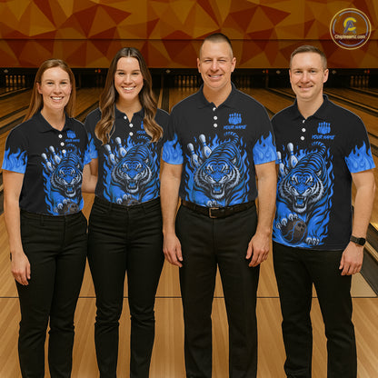 Black and Blue Flame Tiger Bowling Polo, 1/4 Zip Shirts for Women Custom Team Tiger Bowling Jersey NQS11256