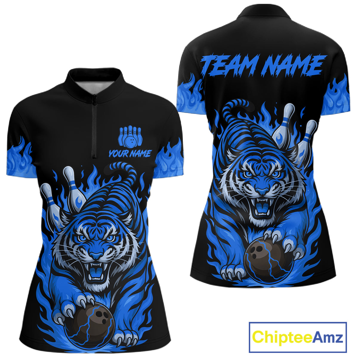 Black and Blue Flame Tiger Bowling Polo, 1/4 Zip Shirts for Women Custom Team Tiger Bowling Jersey NQS11256