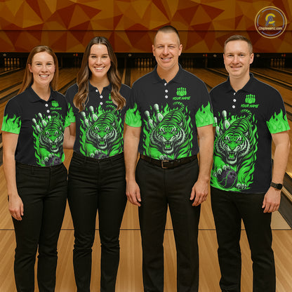 Black and Green Flame Tiger Bowling Polo, 1/4 Zip Shirts for Men Custom Team Tiger Bowling Jersey NQS11257