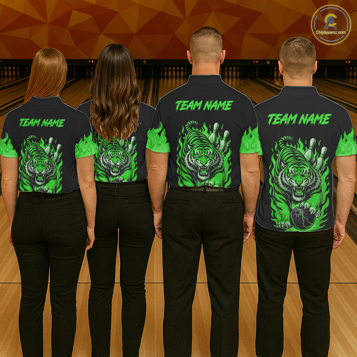 Black and Green Flame Tiger Bowling Polo, 1/4 Zip Shirts for Men Custom Team Tiger Bowling Jersey NQS11257