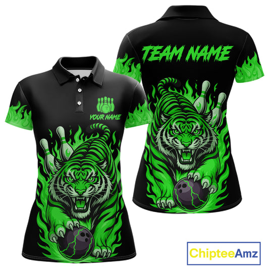 Black and Green Flame Tiger Bowling Polo, 1/4 Zip Shirts for Women Custom Team Tiger Bowling Jersey NQS11257