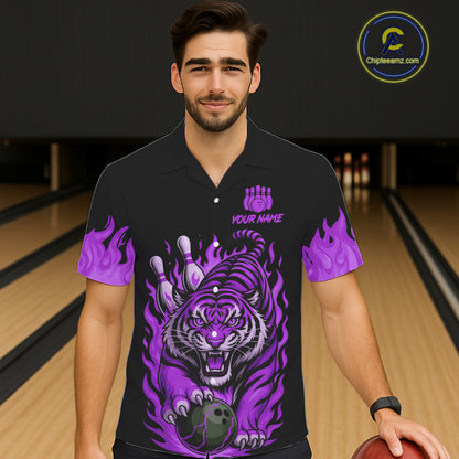 Black and Purple Flame Tiger Bowling Hawaiian Shirt Custom Team Tiger Bowling Jersey NQS11258