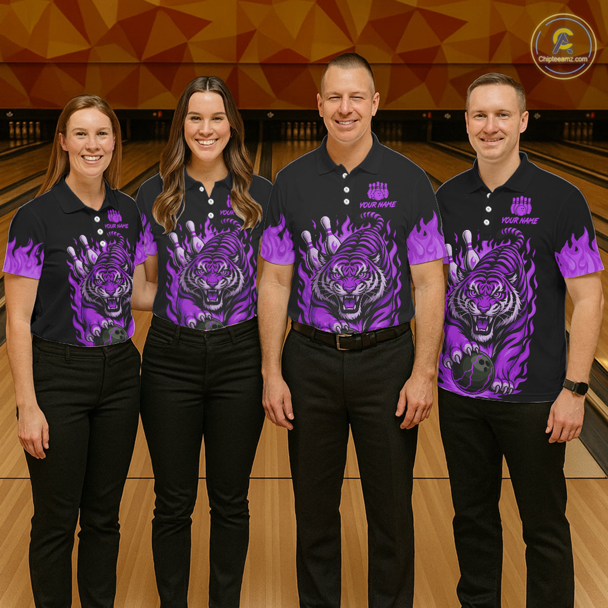 Black and Purple Flame Tiger Bowling Polo, 1/4 Zip Shirts for Women Custom Team Tiger Bowling Jersey NQS11258