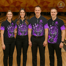 Load image into Gallery viewer, Black and Purple Flame Tiger Bowling Polo, 1/4 Zip Shirts for Men Custom Team Tiger Bowling Jersey NQS11258