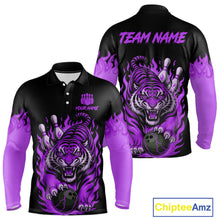 Load image into Gallery viewer, Black and Purple Flame Tiger Bowling Polo, 1/4 Zip Shirts for Men Custom Team Tiger Bowling Jersey NQS11258