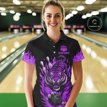 Load image into Gallery viewer, Black and Purple Flame Tiger Bowling Polo, 1/4 Zip Shirts for Women Custom Team Tiger Bowling Jersey NQS11258