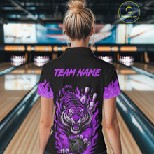 Load image into Gallery viewer, Black and Purple Flame Tiger Bowling Polo, 1/4 Zip Shirts for Women Custom Team Tiger Bowling Jersey NQS11258