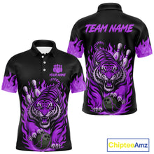 Load image into Gallery viewer, Black and Purple Flame Tiger Bowling Polo, 1/4 Zip Shirts for Men Custom Team Tiger Bowling Jersey NQS11258
