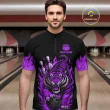Load image into Gallery viewer, Black and Purple Flame Tiger Bowling Polo, 1/4 Zip Shirts for Men Custom Team Tiger Bowling Jersey NQS11258