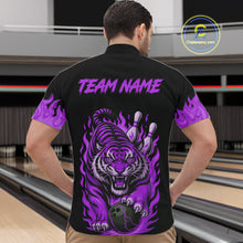 Load image into Gallery viewer, Black and Purple Flame Tiger Bowling Polo, 1/4 Zip Shirts for Men Custom Team Tiger Bowling Jersey NQS11258