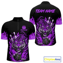 Load image into Gallery viewer, Black and Purple Flame Tiger Bowling Polo, 1/4 Zip Shirts for Men Custom Team Tiger Bowling Jersey NQS11258