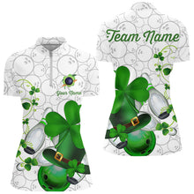 Load image into Gallery viewer, Green shamrock Women bowling polo, quarter zip shirts Custom St Patrick Day team league bowling jersey NQS9532