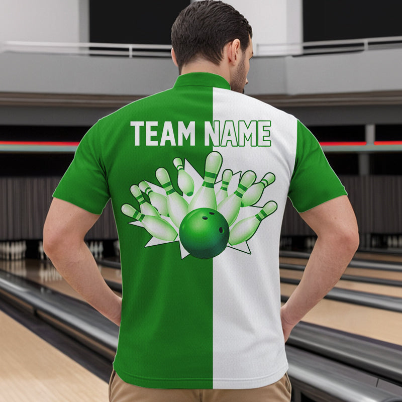 Green and white retro vintage Bowling polo, quarter zip shirts for men custom Bowling team jerseys NQS9533
