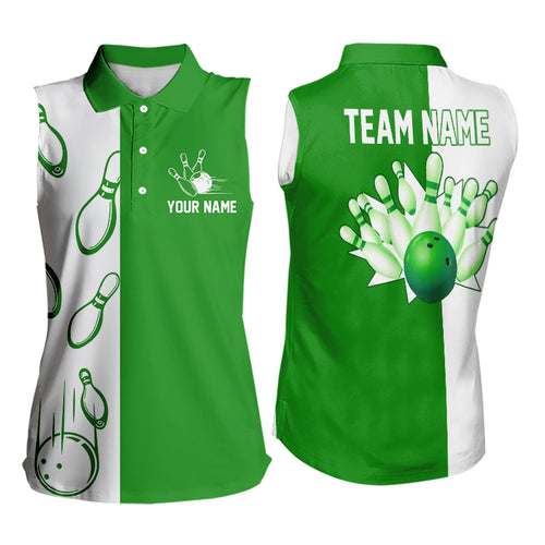 Green and white retro vintage Bowling Sleeveless Polo shirt for Women custom Bowling team jerseys NQS9533