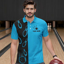 Load image into Gallery viewer, Cyan Blue and Black retro vintage Bowling polo, quarter zip shirts for men custom Bowling team jerseys NQS9534