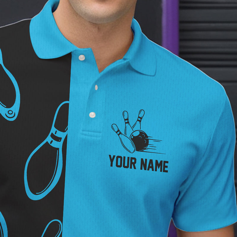 Cyan Blue and Black retro vintage Bowling polo, quarter zip shirts for men custom Bowling team jerseys NQS9534