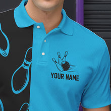 Load image into Gallery viewer, Cyan Blue and Black retro vintage Bowling polo, quarter zip shirts for men custom Bowling team jerseys NQS9534