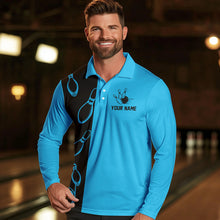 Load image into Gallery viewer, Cyan Blue and Black retro vintage Bowling polo, quarter zip shirts for men custom Bowling team jerseys NQS9534