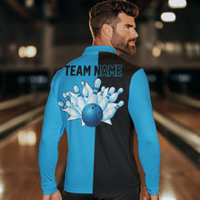 Load image into Gallery viewer, Cyan Blue and Black retro vintage Bowling polo, quarter zip shirts for men custom Bowling team jerseys NQS9534