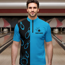 Load image into Gallery viewer, Cyan Blue and Black retro vintage Bowling polo, quarter zip shirts for men custom Bowling team jerseys NQS9534