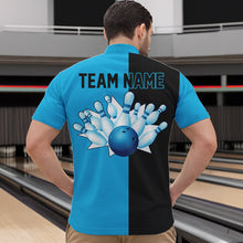 Load image into Gallery viewer, Cyan Blue and Black retro vintage Bowling polo, quarter zip shirts for men custom Bowling team jerseys NQS9534