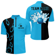Load image into Gallery viewer, Cyan Blue and Black retro vintage Bowling polo, quarter zip shirts for men custom Bowling team jerseys NQS9534