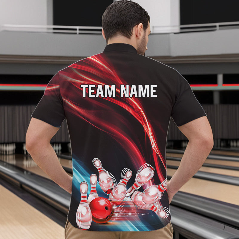 Custom Black and Red Mens bowling Polo, Quarter Zip Shirts, team bowling outfits for Men NQS9701