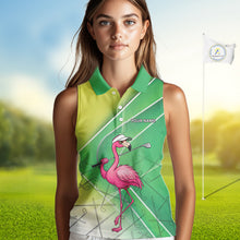 Load image into Gallery viewer, Funny Pink Flamingo Sleeveless Golf Polo Shirts for Women Custom Flamingo ladies golf outfit | Green NQS11746