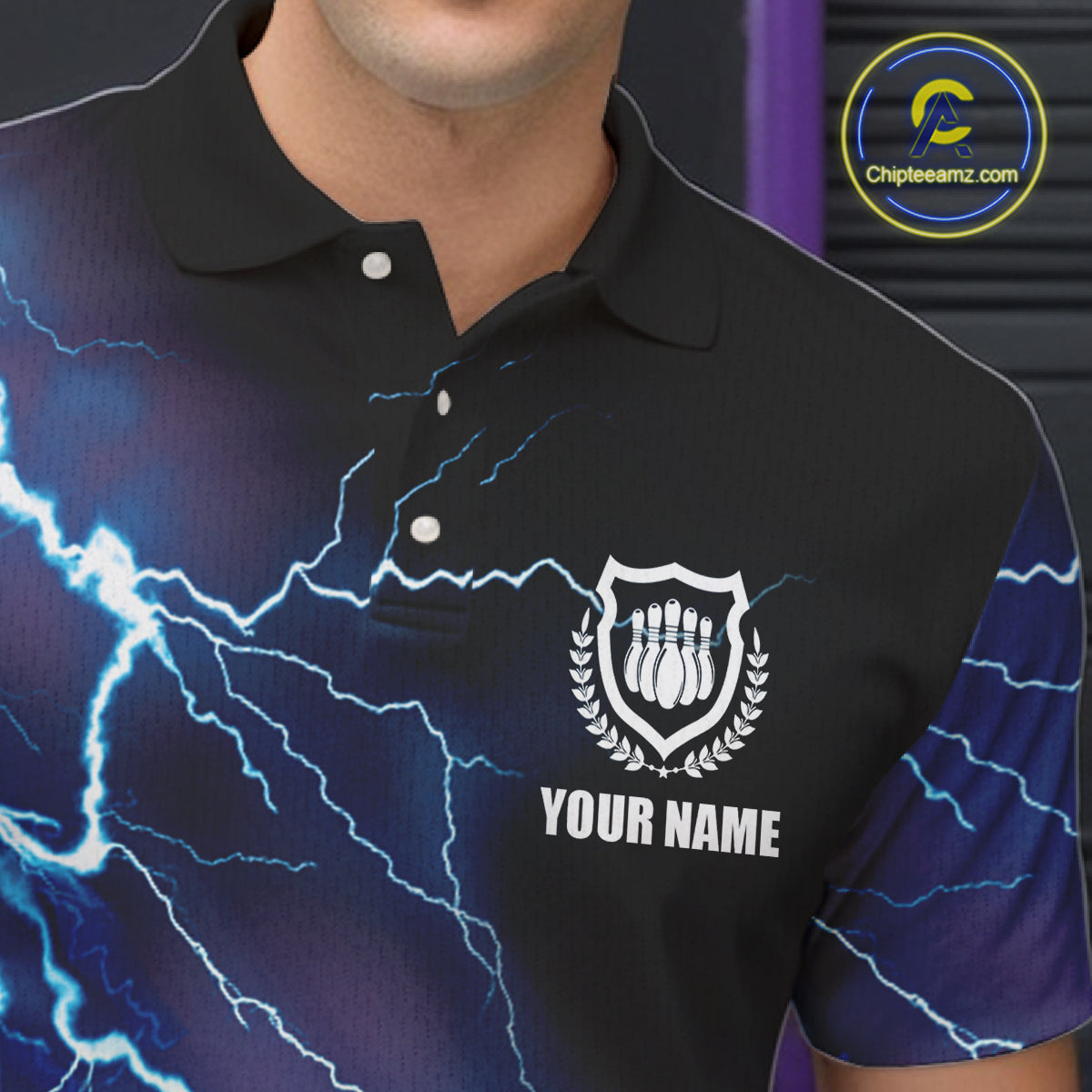 Custom blue bowling team jersey for bowling – personalized name close-up