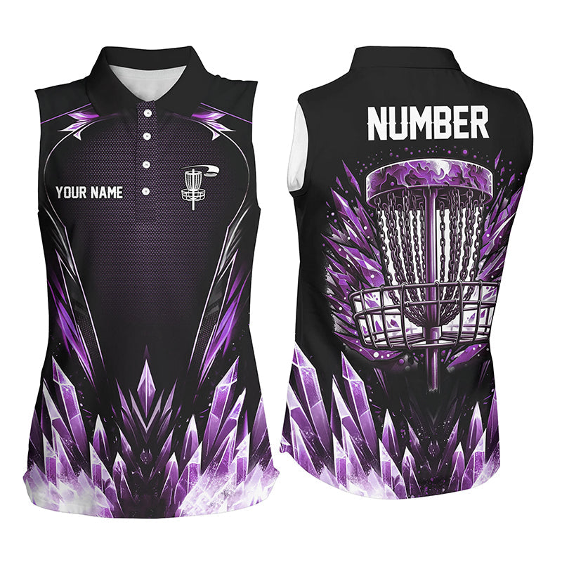 Icy purple Women Disc golf sleeveless polo shirts custom black disc golf jerseys, frisbee golf shirts NQS7633