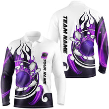 Load image into Gallery viewer, White Mens bowling shirts Custom purple flame bowling ball and pins Jerseys polo, quarter zip shirts NQS7634