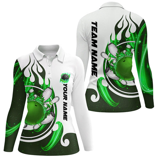 White Womens bowling shirts Custom green flame bowling ball and pins Jerseys polo, quarter zip shirts NQS7635