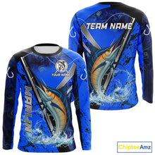 Load image into Gallery viewer, Blue Camo Marlin fishing custom saltwater Marlin sun protection long sleeve fishing shirts for Team NQS10131