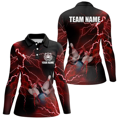 Women bowling polo shirts Custom red lightning thunder Bowling Team Jersey, gift for team Bowlers NQS6145