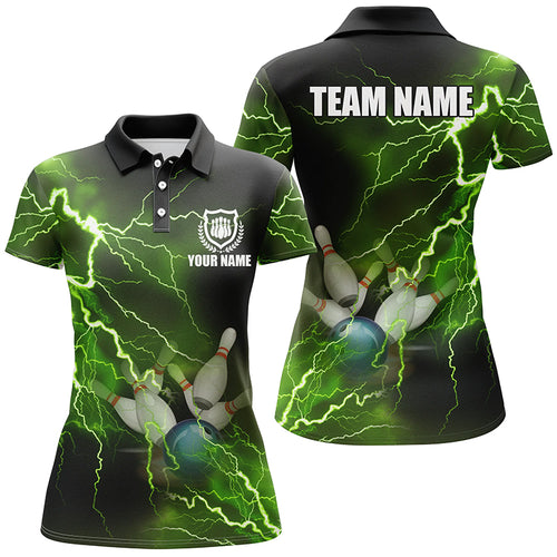 Women bowling polo shirts Custom green lightning thunder Bowling Team Jersey, gift for team Bowlers NQS6146