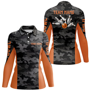 Women bowling polo shirts Custom gray camo Bowling Team Jersey, Bowling Team League Shirt | Orange NQS6149