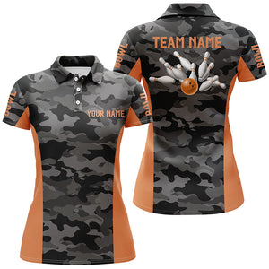 Women bowling polo shirts Custom gray camo Bowling Team Jersey, Bowling Team League Shirt | Orange NQS6149