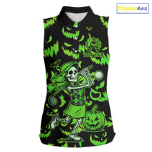 Load image into Gallery viewer, Green and Black Halloween Pattern Funny Skull Golf sleeveless polo shirt Custom Halloween golf top NQS10662
