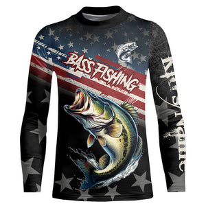 Largemouth Bass Fishing American Flag Custom black camo patriotic fishing long sleeve shirts NQS8736