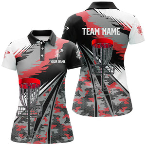 Women disc golf polo shirts custom red camo disc golf basket disc golf outfit, team disc golf apparel NQS8943