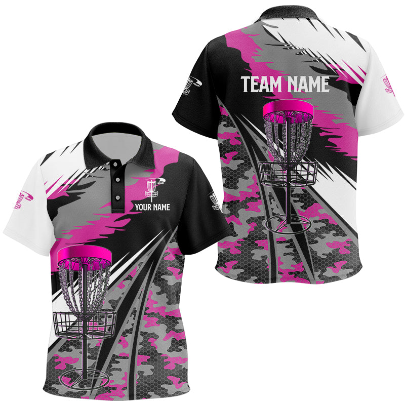 Kid disc golf polo Shirts custom pink camo disc golf basket disc golf outfit, team disc golf apparel NQS8944