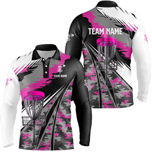 Mens disc golf polo shirts custom pink camo disc golf basket disc golf outfit, team disc golf apparel NQS8944