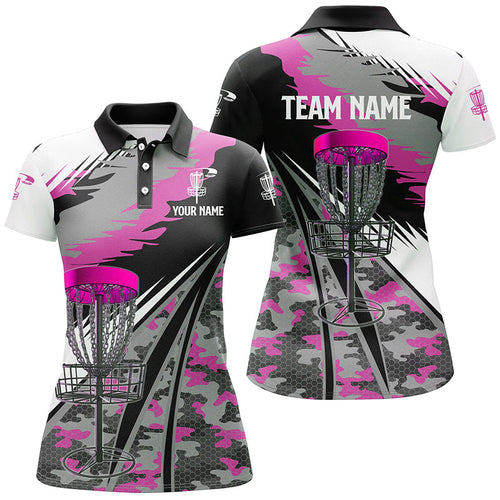 Women disc golf polo shirts custom pink camo disc golf basket disc golf outfit, team disc golf apparel NQS8944