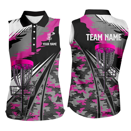 Women disc golf sleeveless polo Shirt custom pink camo disc golf basket team disc golf outfit NQS8944