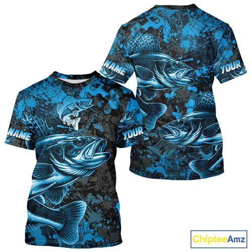Blue Camo Walleye Fishing Shirts Custom performance fishing apparel, walleye fishing jerseys NQS11061
