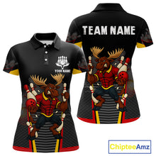 Load image into Gallery viewer, Black and Red Funny Moose Bowling shirts for women Custom polo, quarter zip bowling outfits for women NQS11064