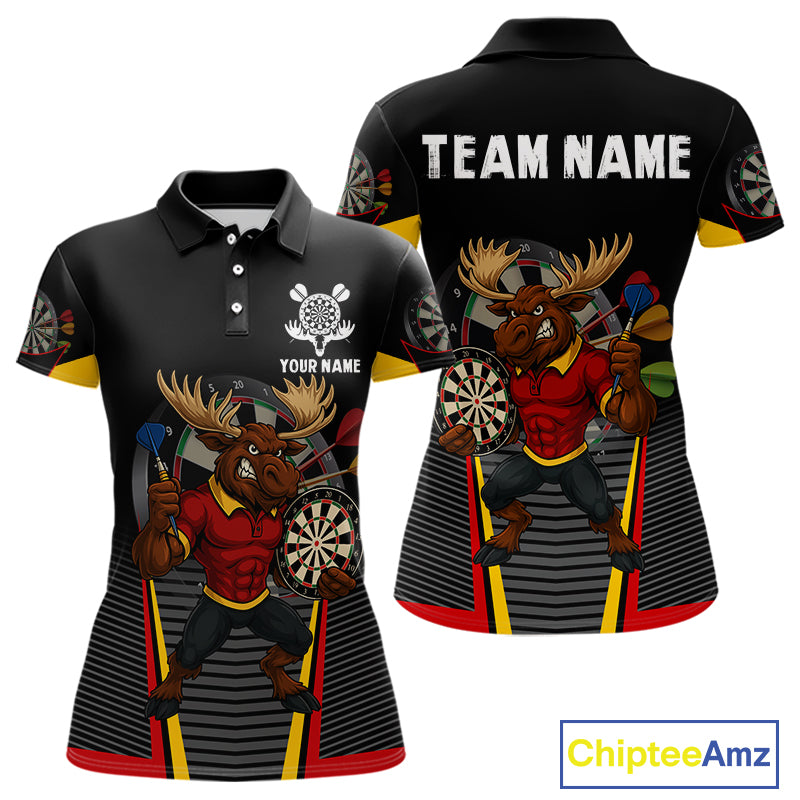Black and Red Funny Moose Darts Polo, Quarter Zip Shirts For Women Custom Darts Team Jerseys NQS11065
